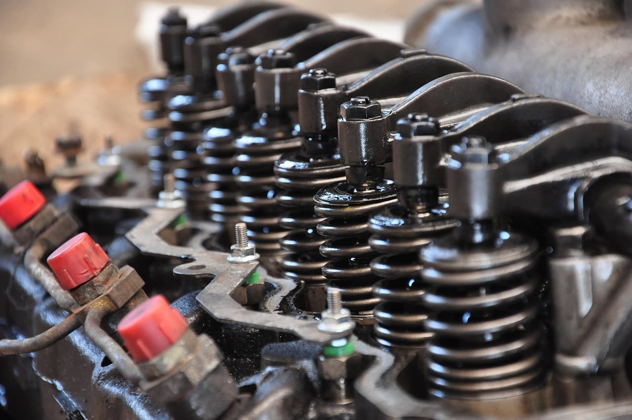 Valve springs and rocker arms on an engine head